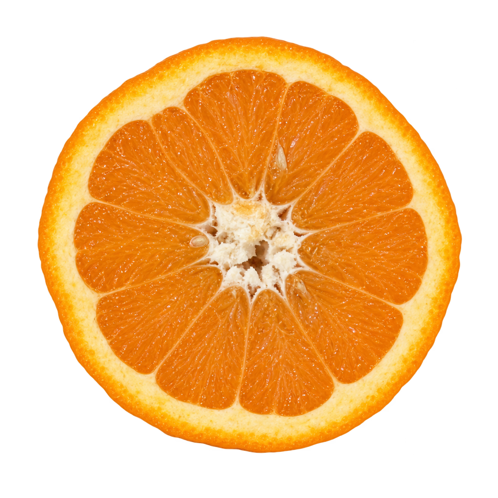 Generated head-on Orlando Tangelo cross section with orange flesh, attached creamy pith, an irregular central core and small ivory seeds