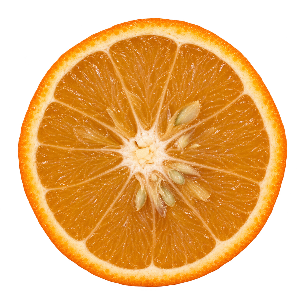 Generated head-on Yalaha Tangelo cross section with amber-orange flesh, attached cream pith, ivory seeds and an opaque natural core.