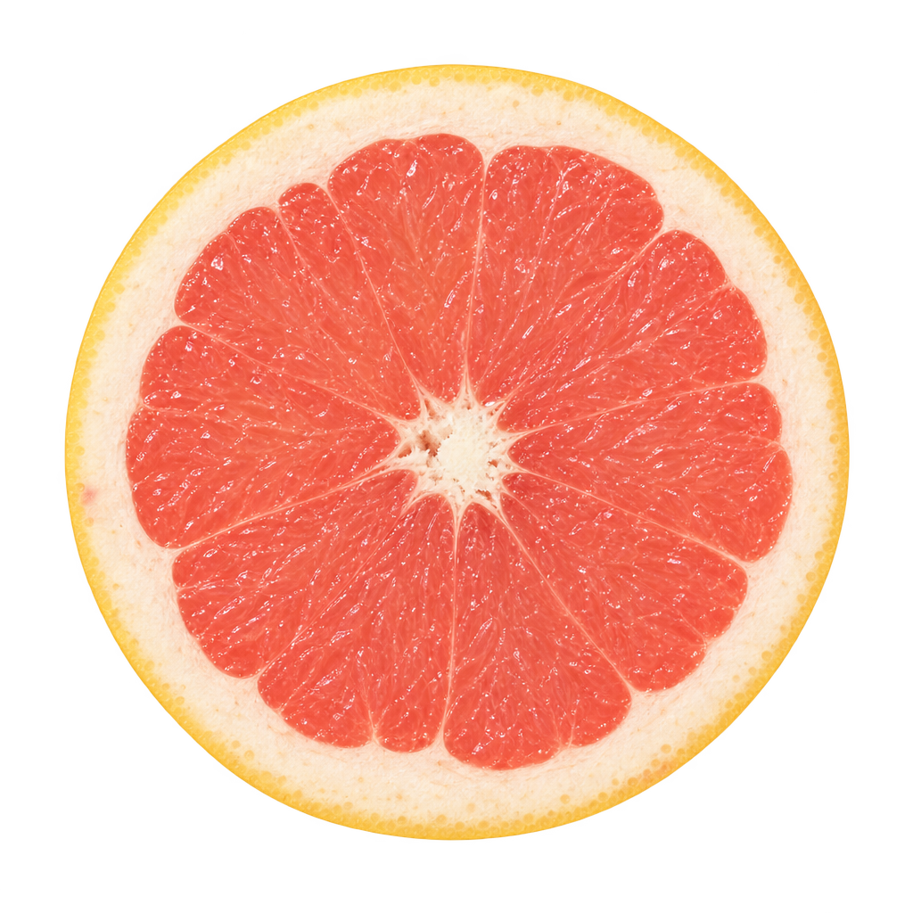 Generated head-on Henderson Grapefruit cross section with coral-pink flesh, attached cream pith and a small pale core