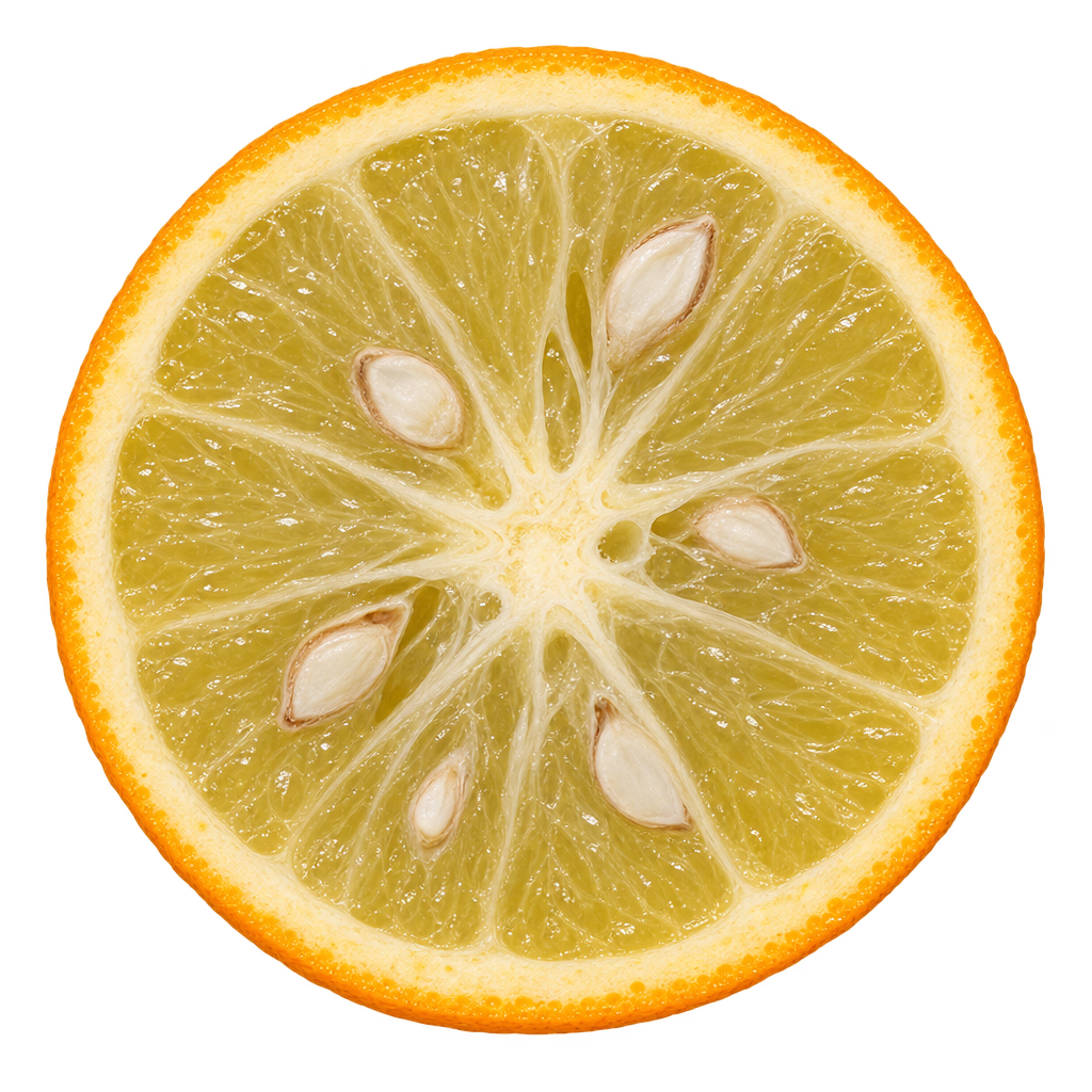 Generated depiction of a Carrizo Citrange cross section viewed head-on, with pale yellow-olive flesh, attached cream pith and conspicuous ivory seeds