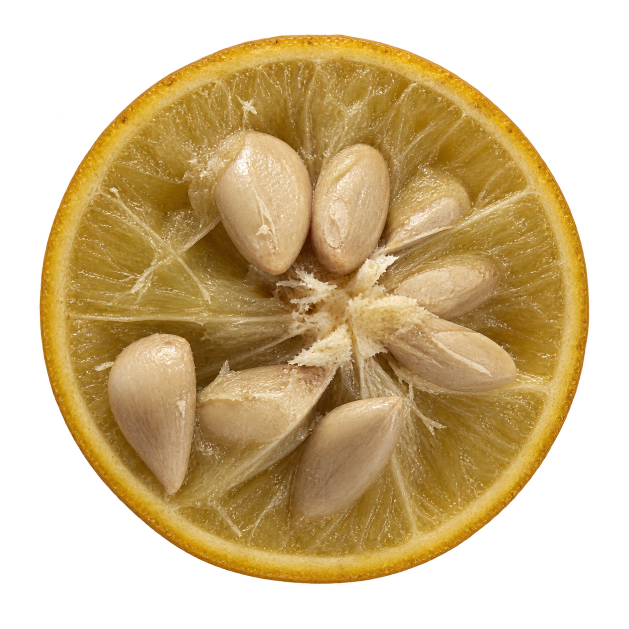 Generated depiction of a Conestoga 006 Citrange cross section viewed head-on, with muted yellow-olive flesh, thin attached rind, and crowded ivory-to-tan seeds