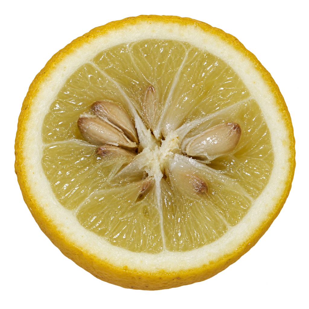 Generated head-on Bajusz cross section with pale yellow-green flesh, cream pith and several large ivory-to-tan seeds near the core