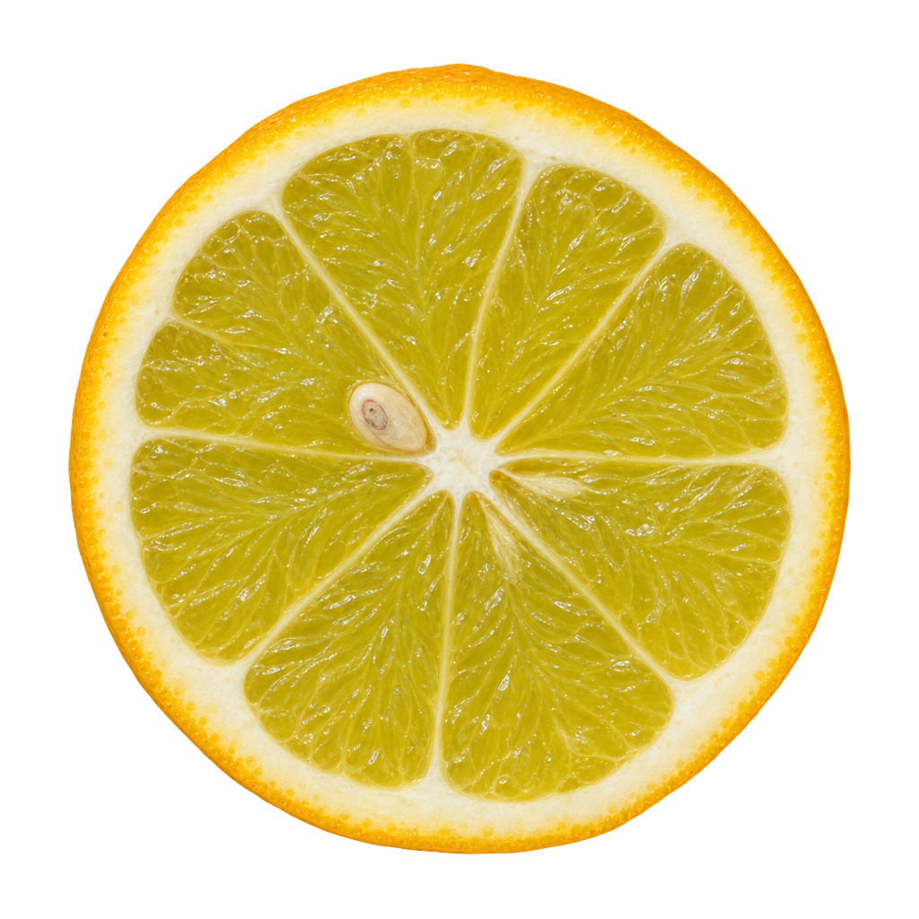 Generated head-on Rangpur Lime x Troyer Citrange cross section with yellow-green flesh, attached cream pith, a small filled core and an illustrative ivory seed.