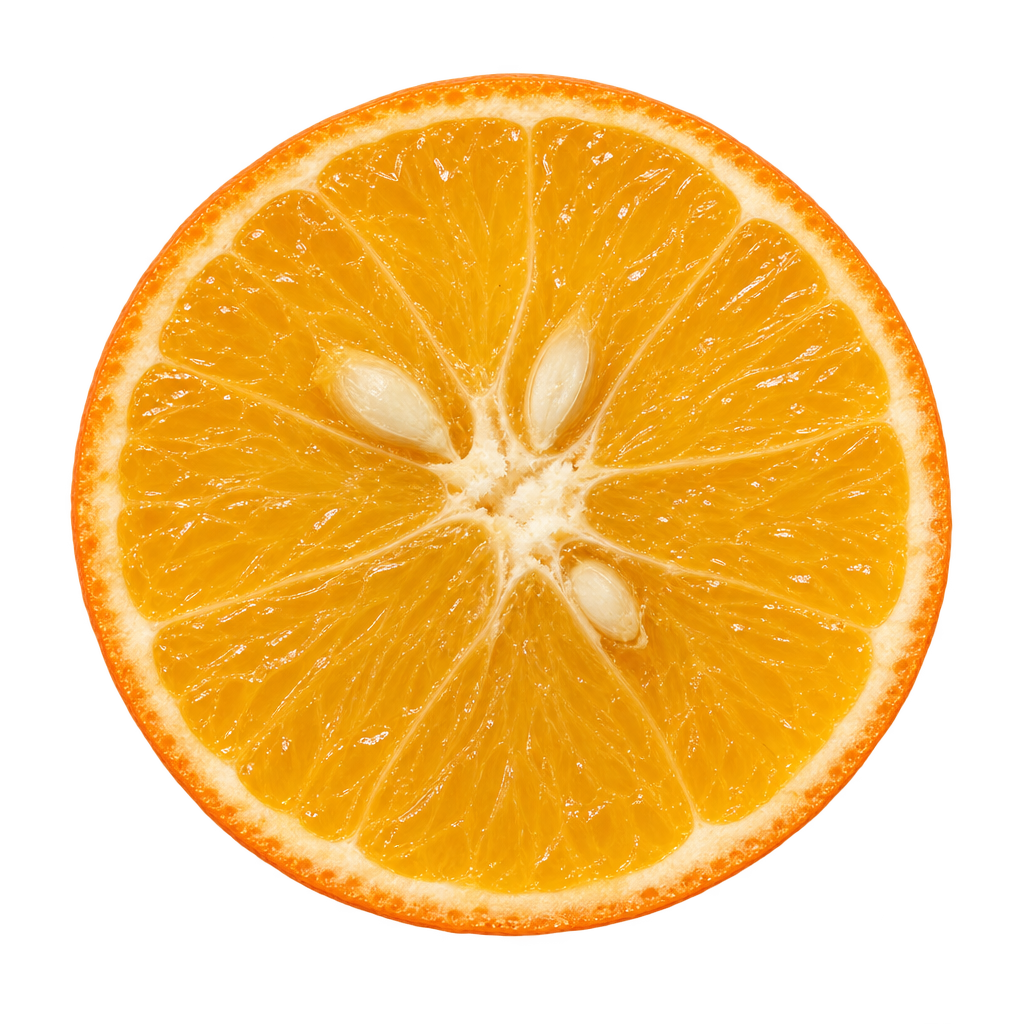 Generated approximation of a US-942 Citrandarin equatorial cross section viewed head-on, with yellow-gold flesh, narrow attached cream pith and ivory seeds