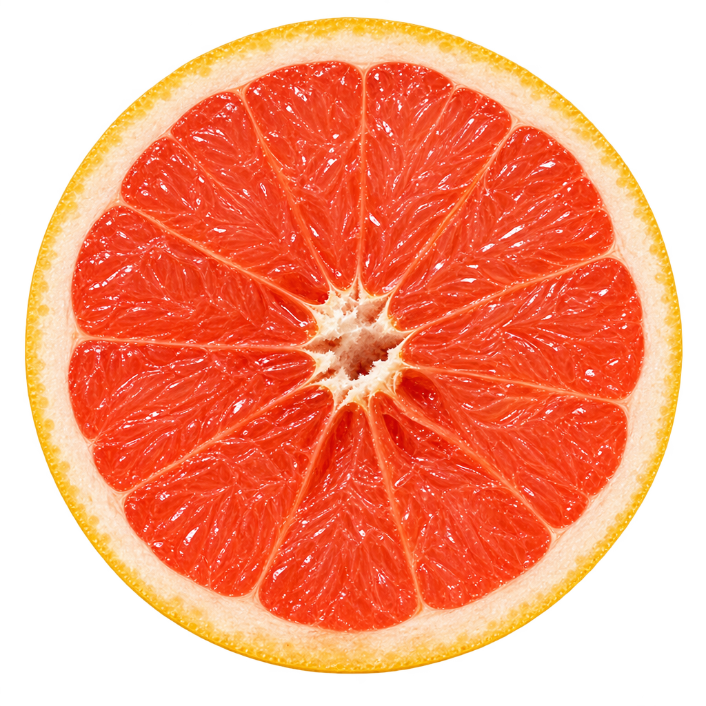 Generated depiction of a Rio Red Grapefruit equatorial cross section with coral-red flesh, fine ivory membranes and a cream pith ring
