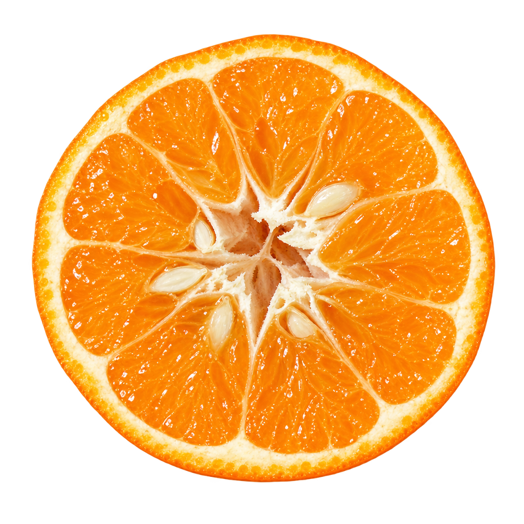 Generated approximation of a Kishu mandarin cross section based on the user-selected reference, with orange flesh and ivory seeds near an irregular center
