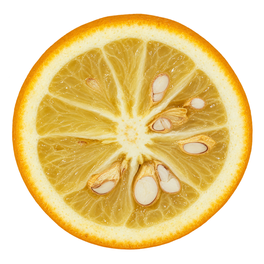 Generated Troyer citrange cross section with pale yellow flesh, broad cream pith and large ivory seeds