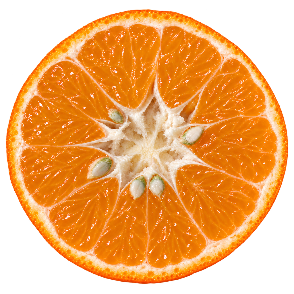 Generated head-on Ponkan Mandarin cross section with orange-gold flesh, thin cream pith, a naturally recessed cream pith core and illustrative ivory seeds.