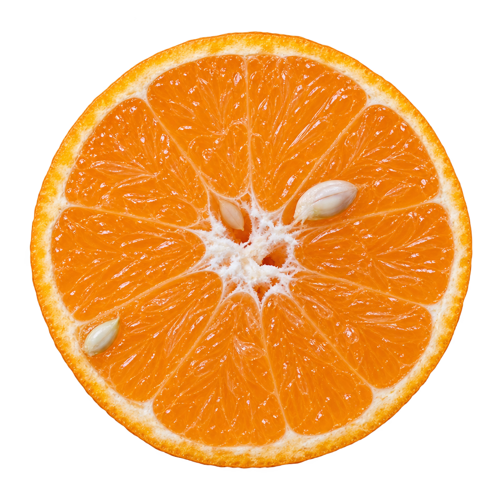 Generated approximation of an Avana Tardivo di Ciaculli equatorial section with golden-orange flesh, thin cream pith, an irregular core and a few ivory seeds