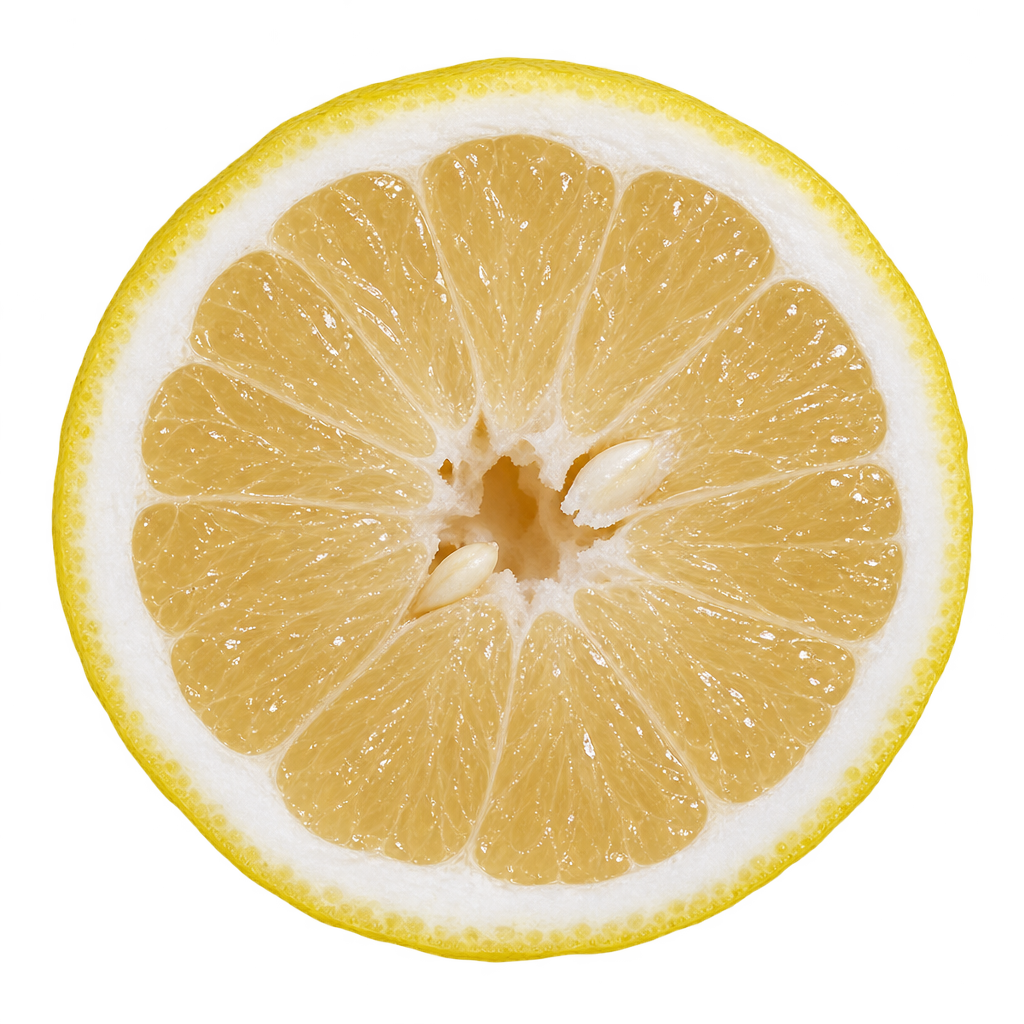 Generated depiction of a New Zealand Lemonade cross section with pale straw-colored flesh, creamy pith and two ivory seeds near an irregular central core