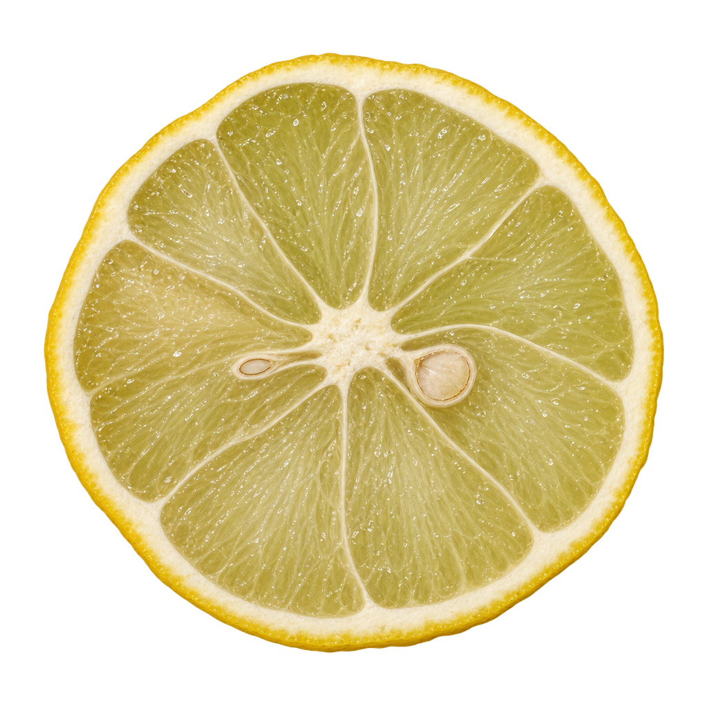 Generated head-on Willits Citrange cross section with pale yellow-green flesh, attached cream pith, cut seeds and a filled core.