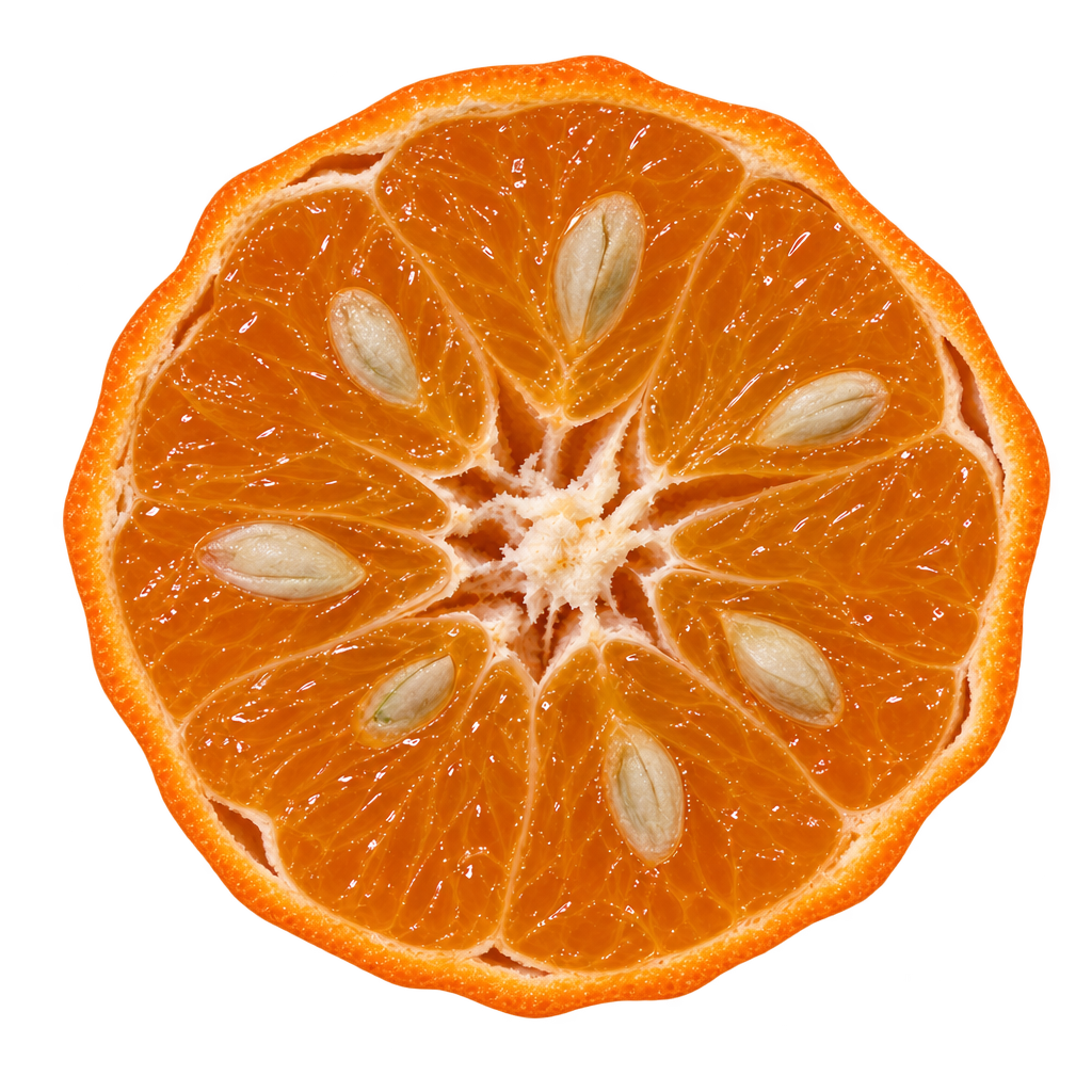Generated depiction of a Sunki Mandarin cross section with amber-orange flesh, cream seeds and modest local peel separations