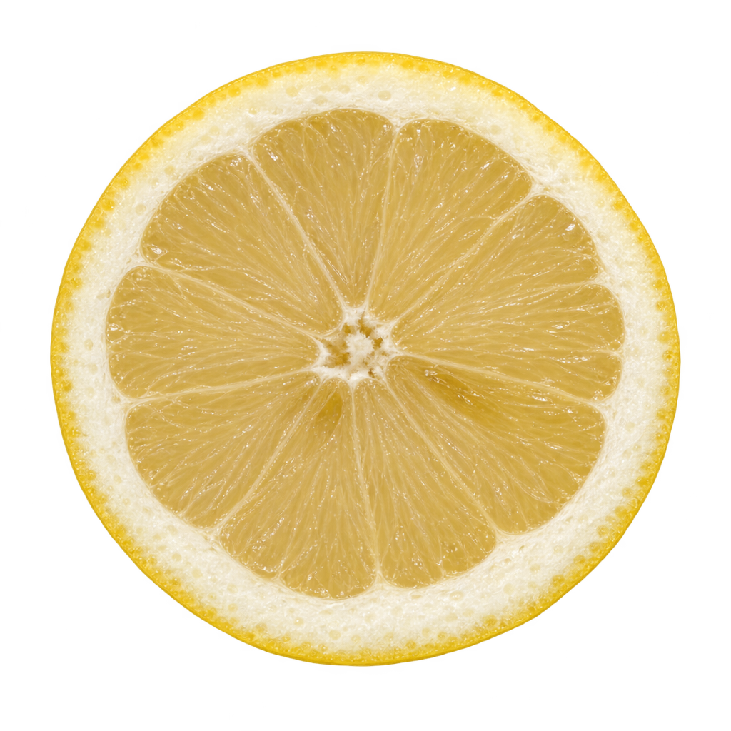 Generated depiction of a head-on Genoa Lemon equatorial cut with pale straw-yellow flesh and attached cream pith