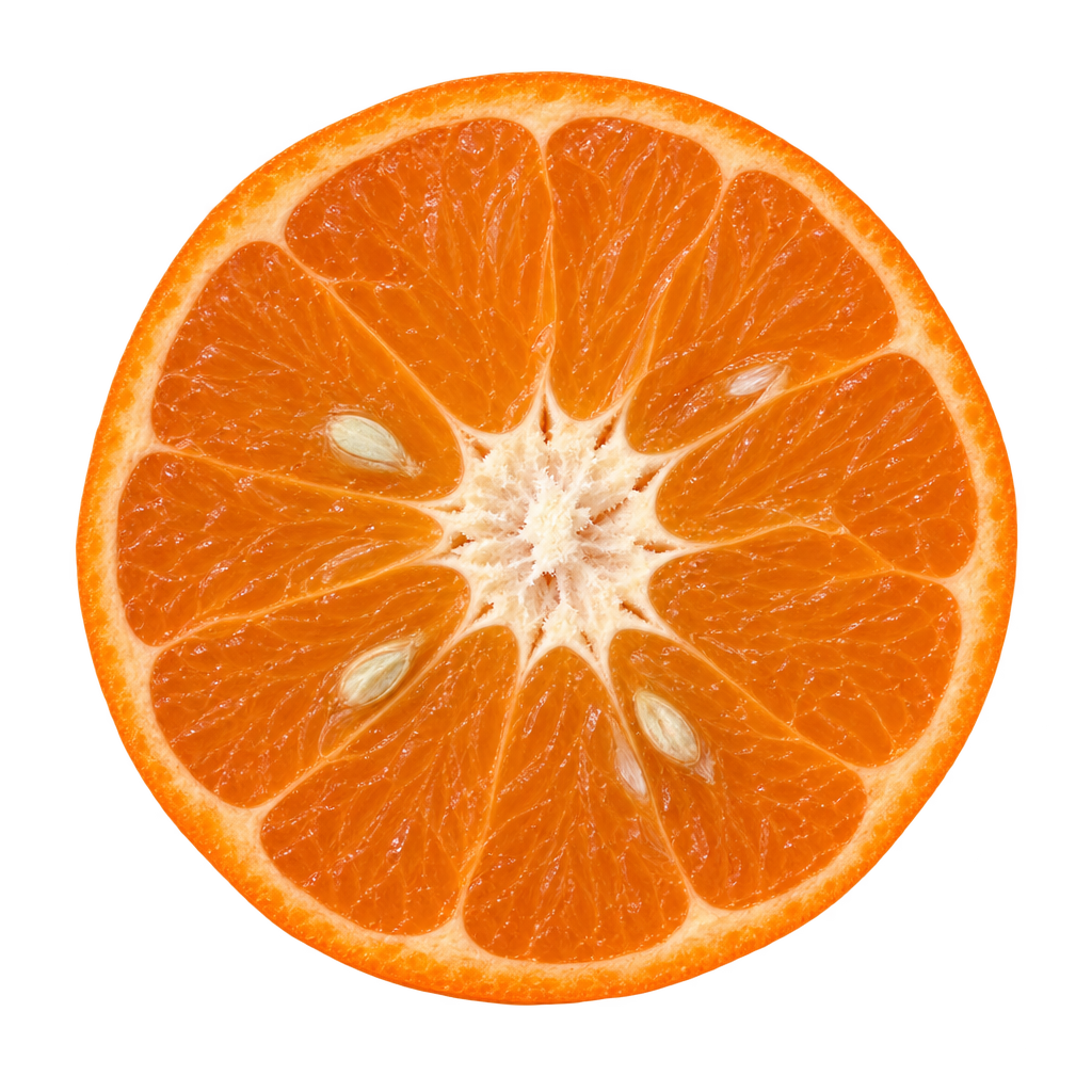 Generated depiction of a W Murcott Mandarin equatorial cross section with orange flesh, thin pith and ivory seeds