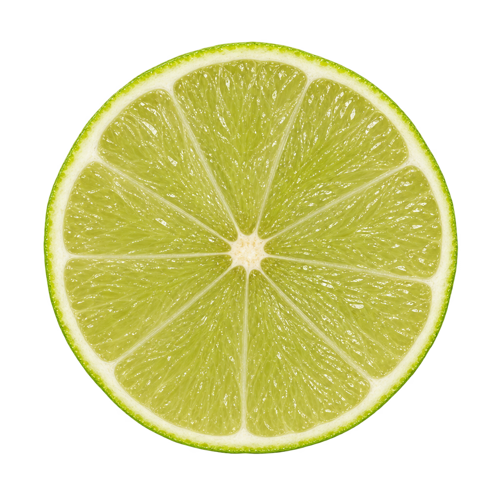 Generated depiction of a Persian lime equatorial cross section with pale yellow-green flesh, thin attached cream pith and a small central star