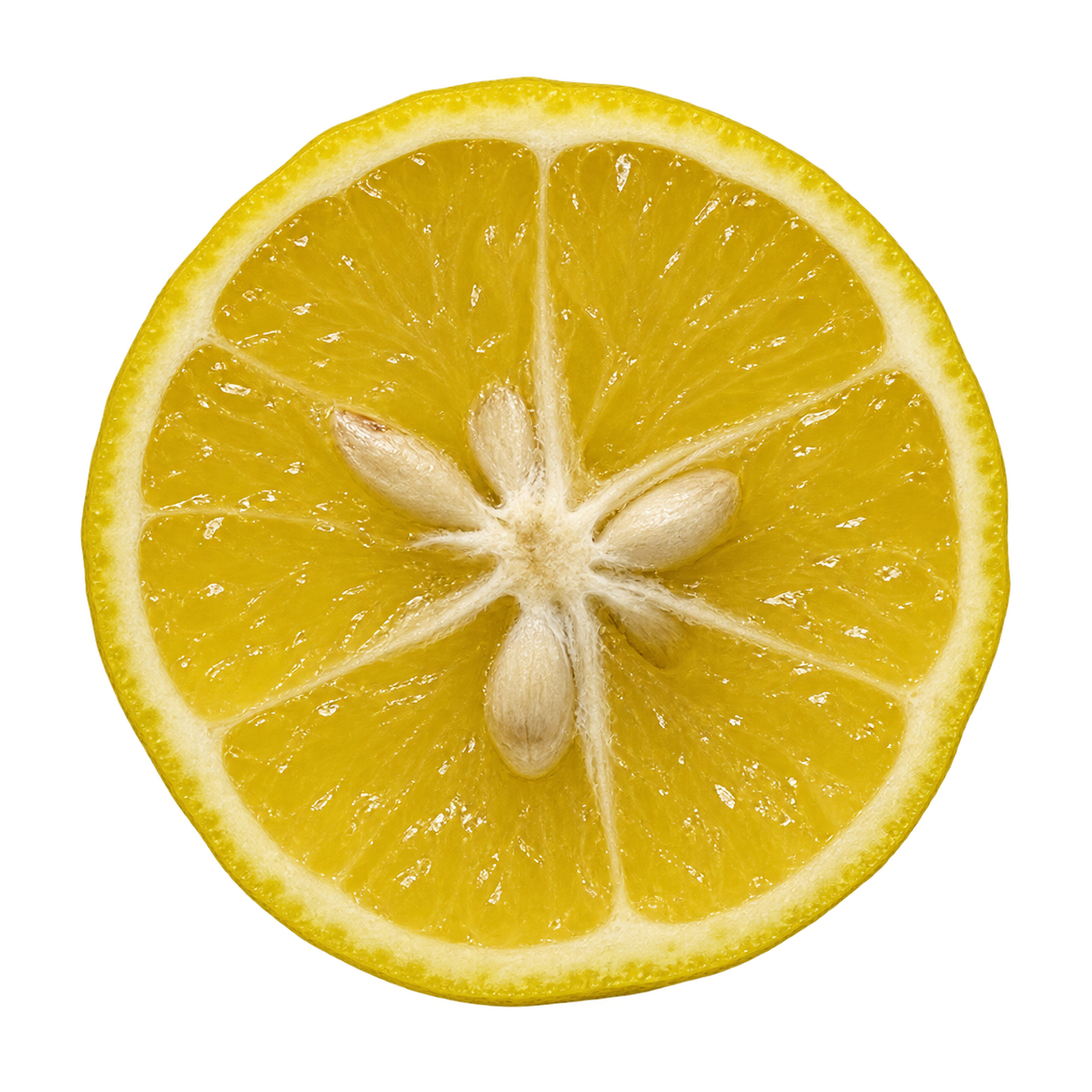 Generated depiction of a Thomasville Citrangequat cross section with juicy yellow flesh, thin cream pith and a few ivory seeds around a small central core