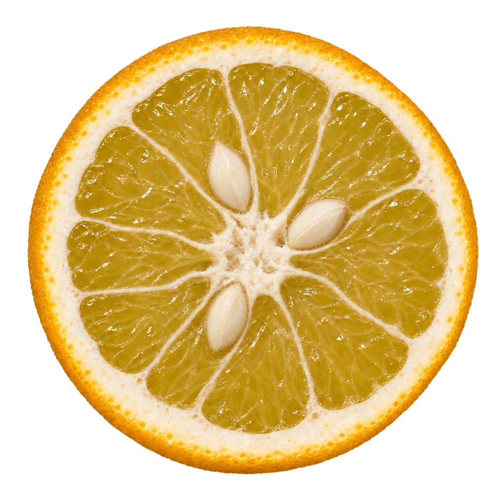 Generated depiction of a US-812 Citrandarin equatorial cross section viewed head-on, with approximate muted yellow-gold flesh, attached cream pith and enlarged ivory seeds