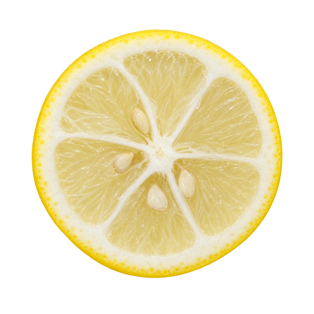 Generated depiction of a Lakeland Limequat equatorial cross section viewed head-on, with pale lemon-yellow flesh, attached cream pith and ivory seeds