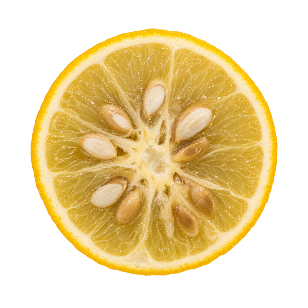 Generated approximation of an Argentine Trifoliate equatorial section with muted straw-amber flesh, cream pith and large ivory and tan seeds near an irregular central core