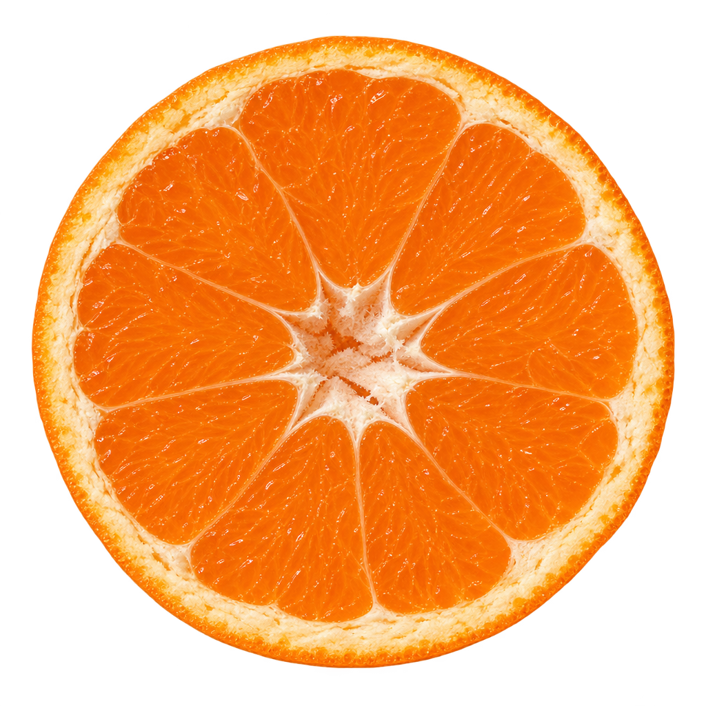 Generated head-on Kuno Wase Satsuma cross section with orange flesh, attached creamy pith and no conspicuous seeds