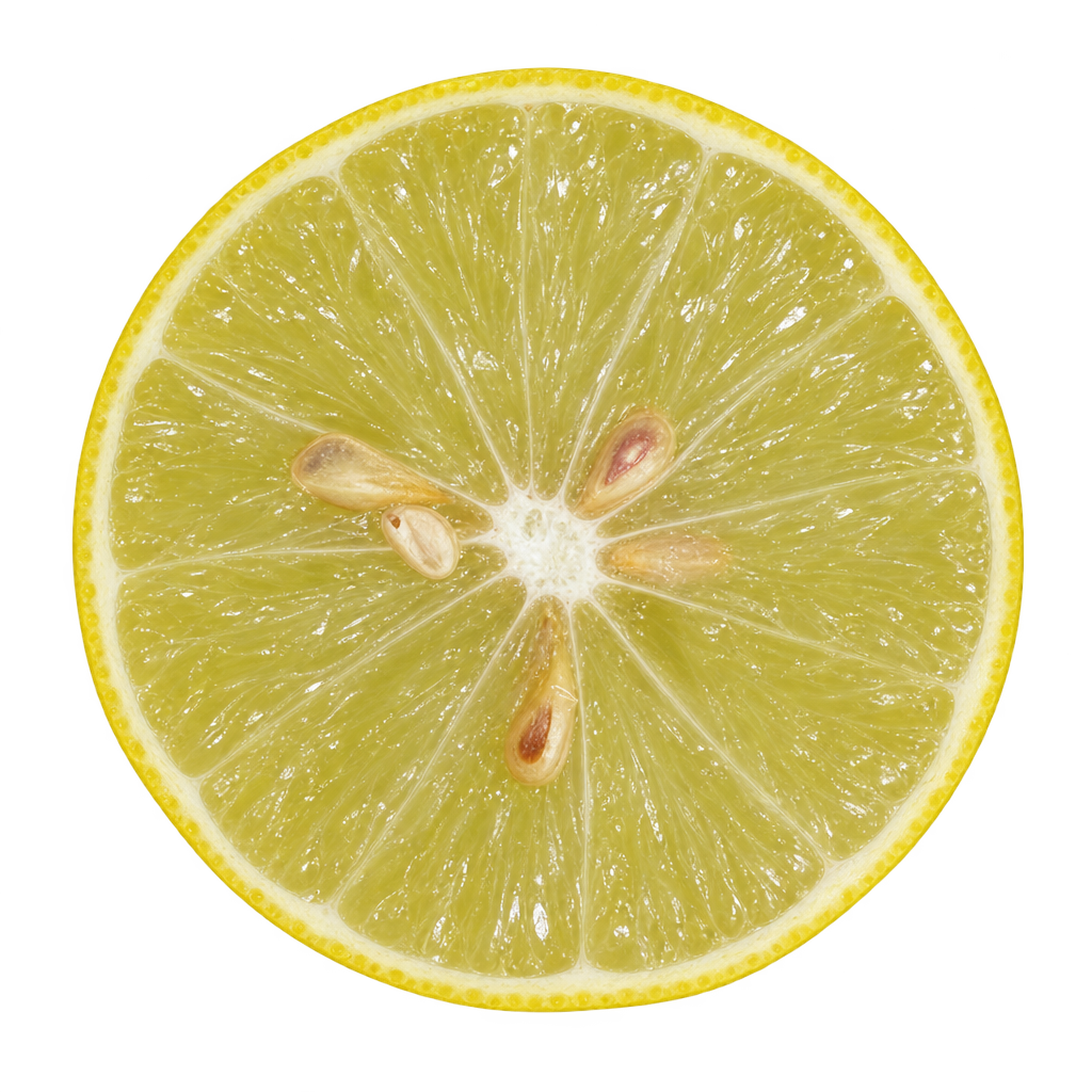Generated Key Lime cross section with pale yellow-green flesh, thin attached pith and a few seeds near the core