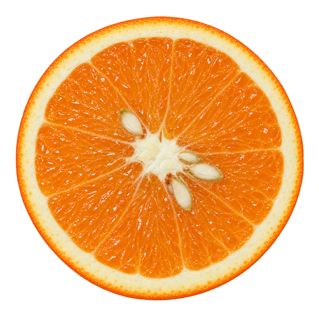 Generated Trovita orange cross section with orange flesh, attached cream pith and pale central seeds