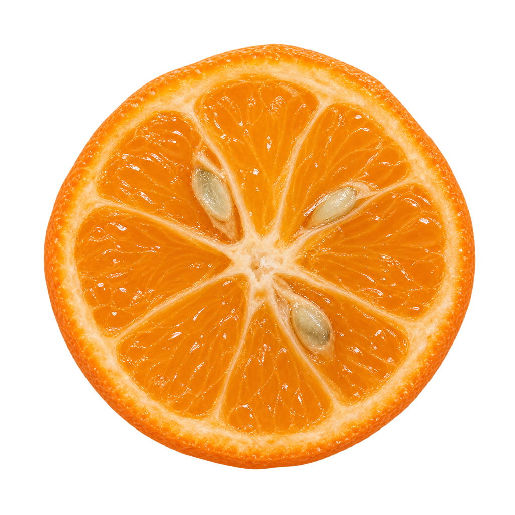 Generated head-on equatorial Indio Mandarinquat cross section with golden-orange flesh, thin cream pith and a few ivory seeds