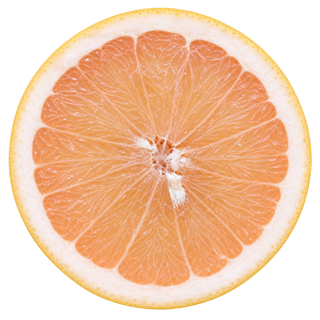 Generated depiction of a Redblush Grapefruit equatorial cross section with pale salmon-pink flesh, ivory membranes and an attached cream pith ring