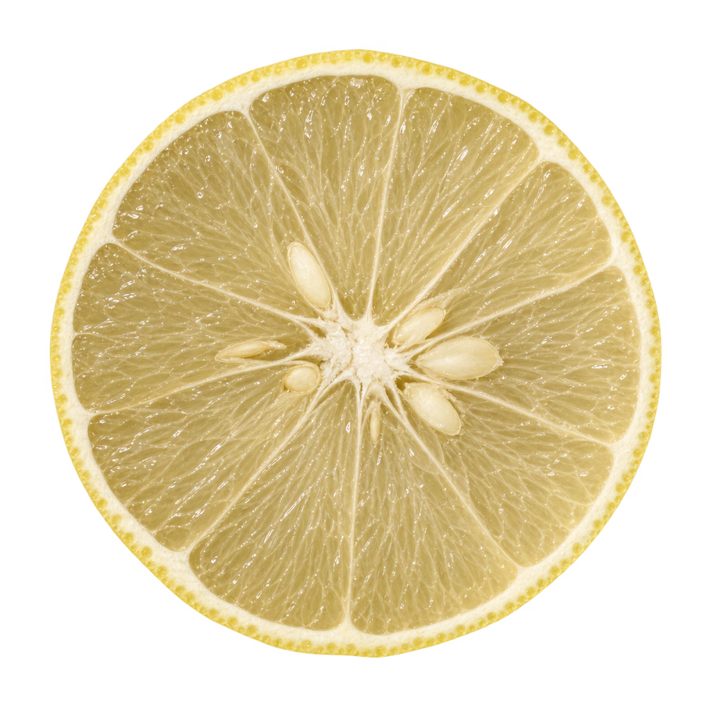 AI-generated equatorial cross-section of Perrine Lemon with pale straw flesh, thin cream pith and ivory seeds near a small irregular center.