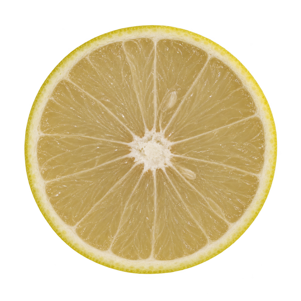 AI-generated equatorial cross-section of Palestine Sweet Lime with pale straw flesh, thin cream pith and a small fibrous center.