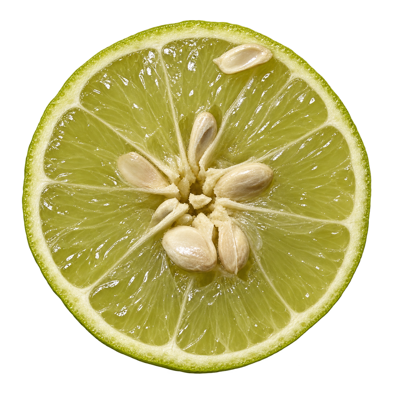 Generated depiction of a Carolina Lime cross section with pale yellow-green flesh, a narrow attached rind and large cream seeds clustered near the center