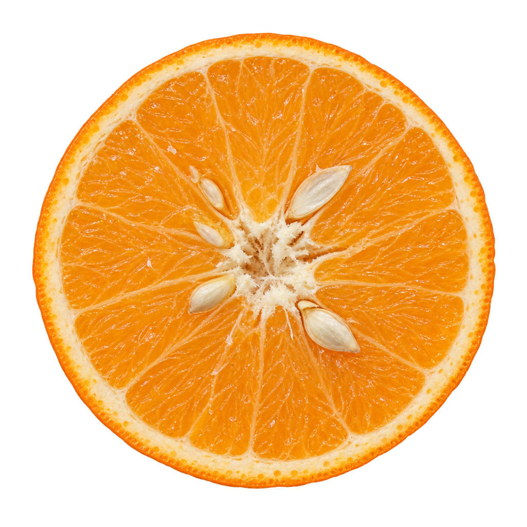 Generated depiction of a Temple Tangor equatorial cross section with orange flesh, cream pith and pale seeds