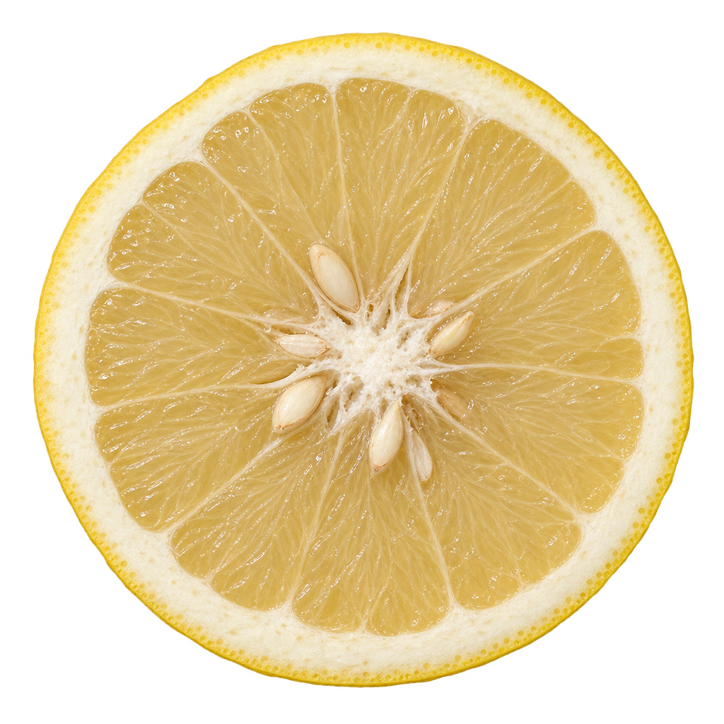 Generated depiction of a head-on Hall Grapefruit equatorial cut with pale straw-yellow flesh, attached cream pith and illustrative ivory seeds