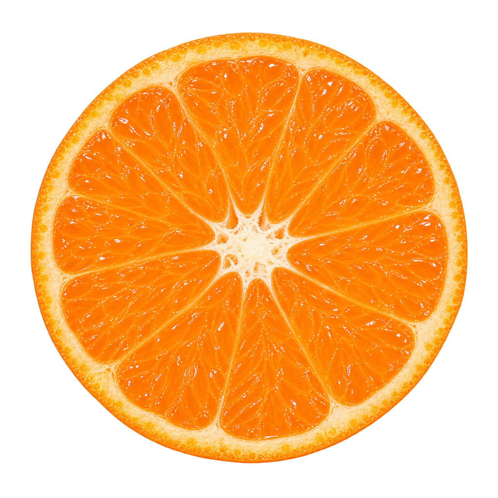 Generated depiction of a Tango Mandarin equatorial cross section with orange flesh, thin creamy pith and no visible seeds
