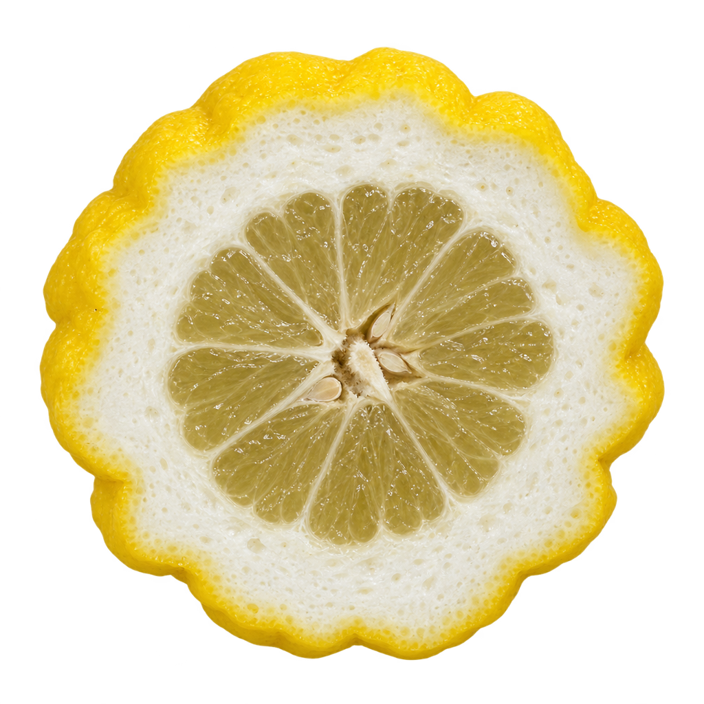 Generated head-on Ichang Papeda (IVIA-358) cross section with a scalloped yellow rind, thick pale pith and muted olive-tan flesh