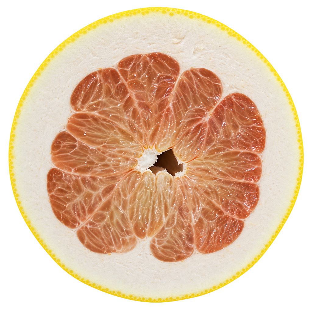 Generated approximation of an African Shaddock Pummelo equatorial section, with muted salmon flesh, a small irregular central opening and thick attached cream pith