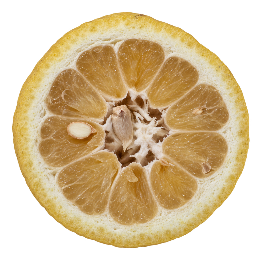Generated Ujukitsu equatorial cross section with muted amber-yellow flesh, cream pith and ivory seeds