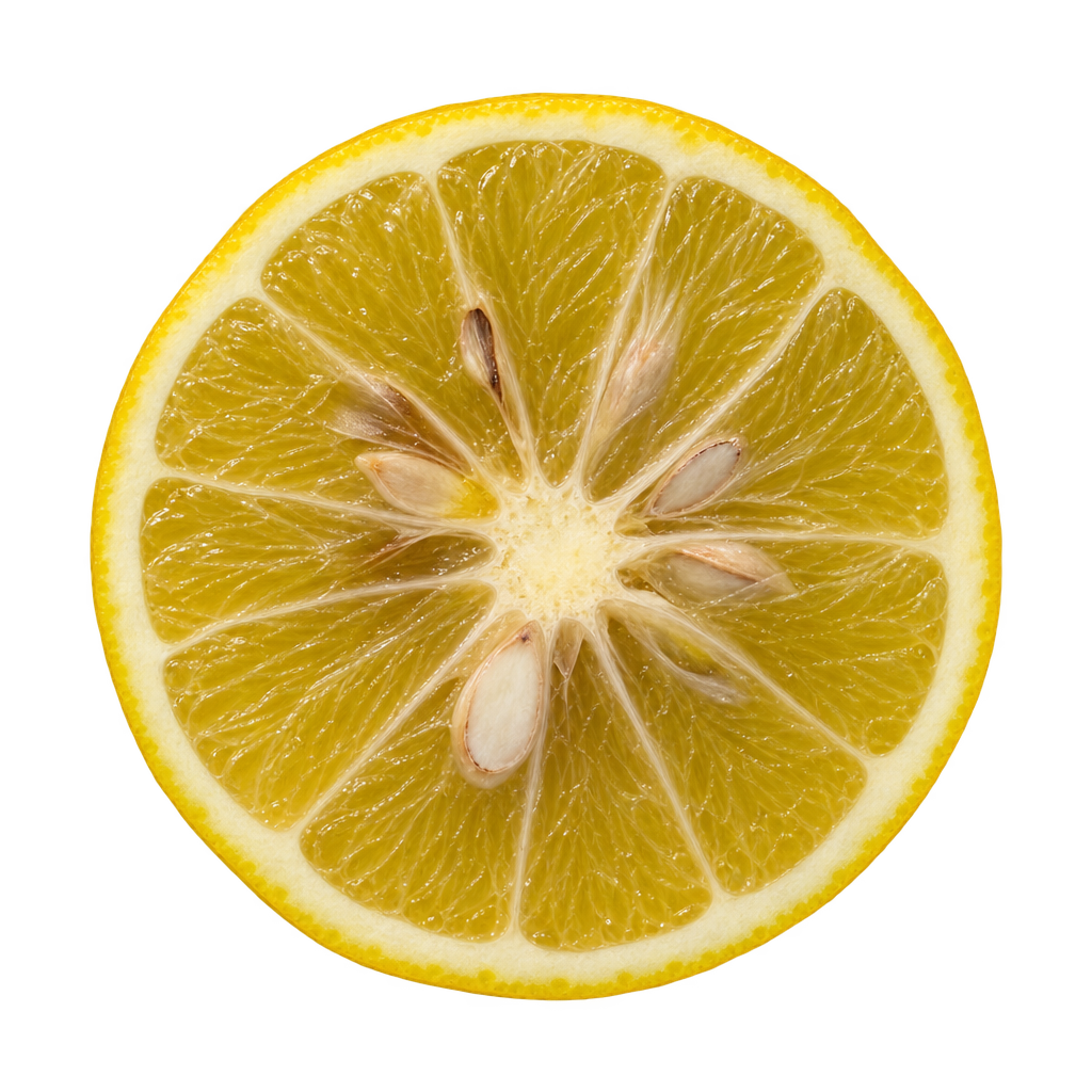 Generated depiction of a Sacaton Citrumelo equatorial cross section with yellow-green flesh, cream pith and ivory seeds
