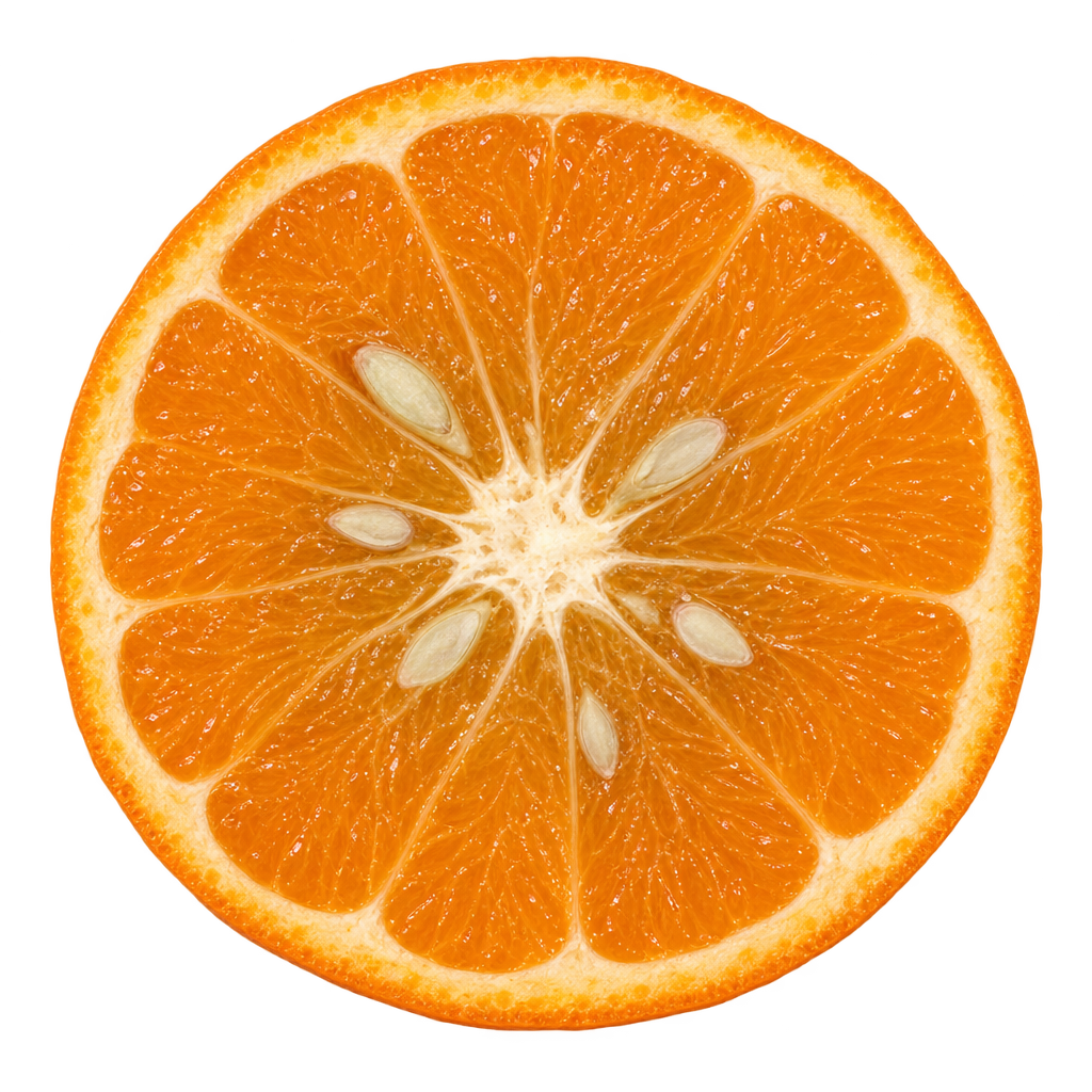 Generated head-on Kinnow Mandarin cross section with orange-amber flesh, thin attached creamy pith and elongated ivory seeds near the core