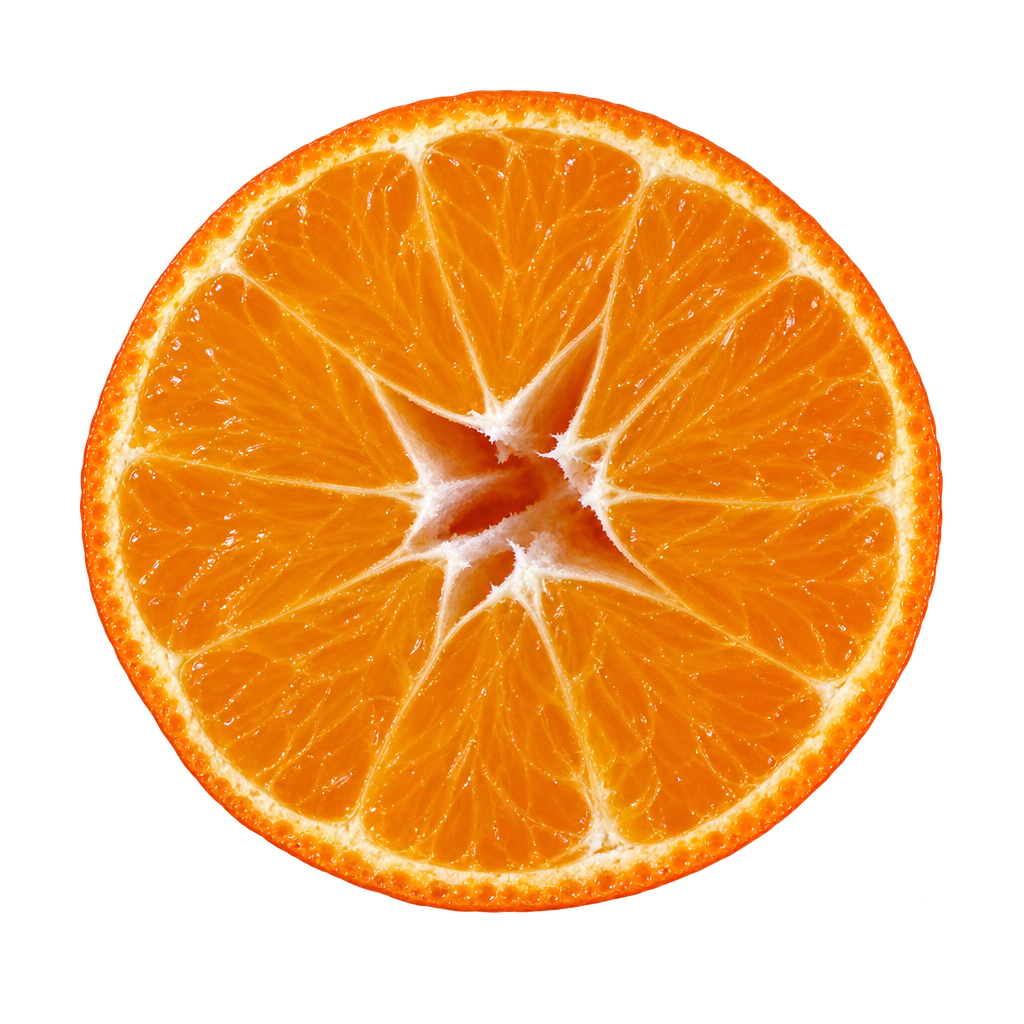 Generated depiction of a C4-15-19 Mandarin-Hybrid cross section viewed head-on, with orange-gold flesh, thin rind and an irregular open central core