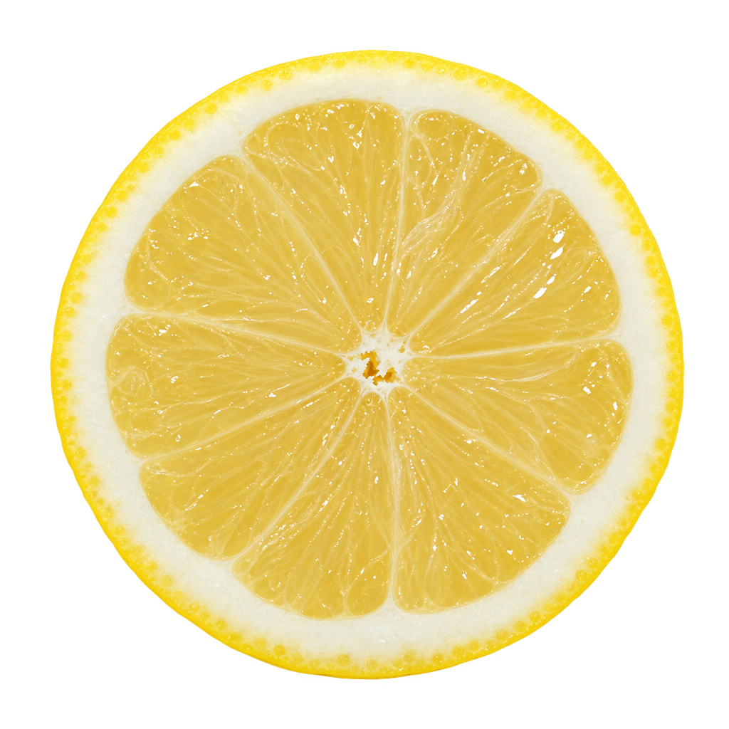 Generated depiction of a Eureka Lemon equatorial cross section viewed head-on, with pale yellow flesh and attached cream pith