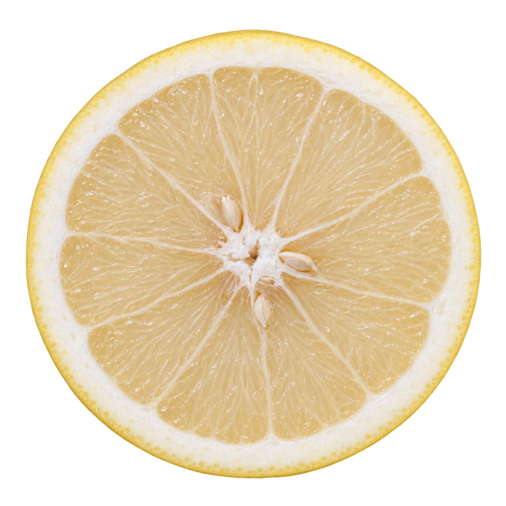 Generated representative Whitney Marsh grapefruit cross section with pale buff-yellow flesh, cream pith and a few ivory seeds, shared with visually similar white Marsh selections