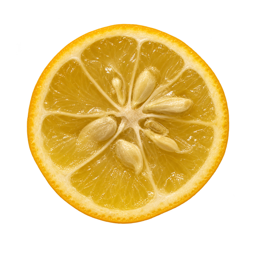 Generated head-on Yuzuquat cross section with yellow-gold flesh, narrow cream pith and elongated ivory seeds