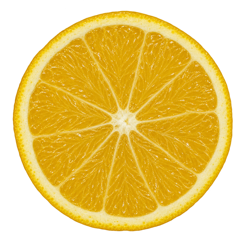 Generated Morton citrange equatorial cross section with golden-yellow flesh, thin segment membranes and attached pale pith