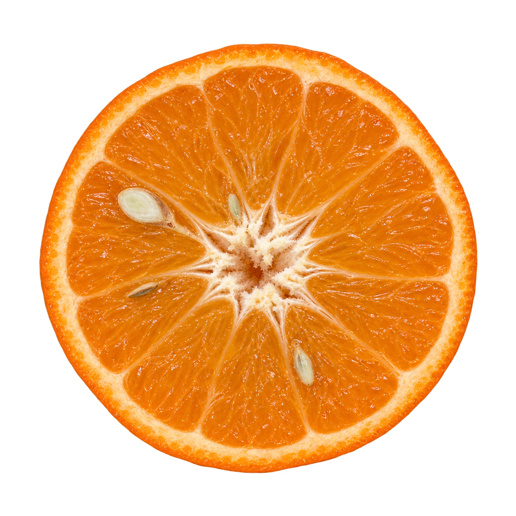 Generated depiction of a head-on Fremont Mandarin equatorial section with golden-orange flesh, thin attached cream pith and a few ivory seeds