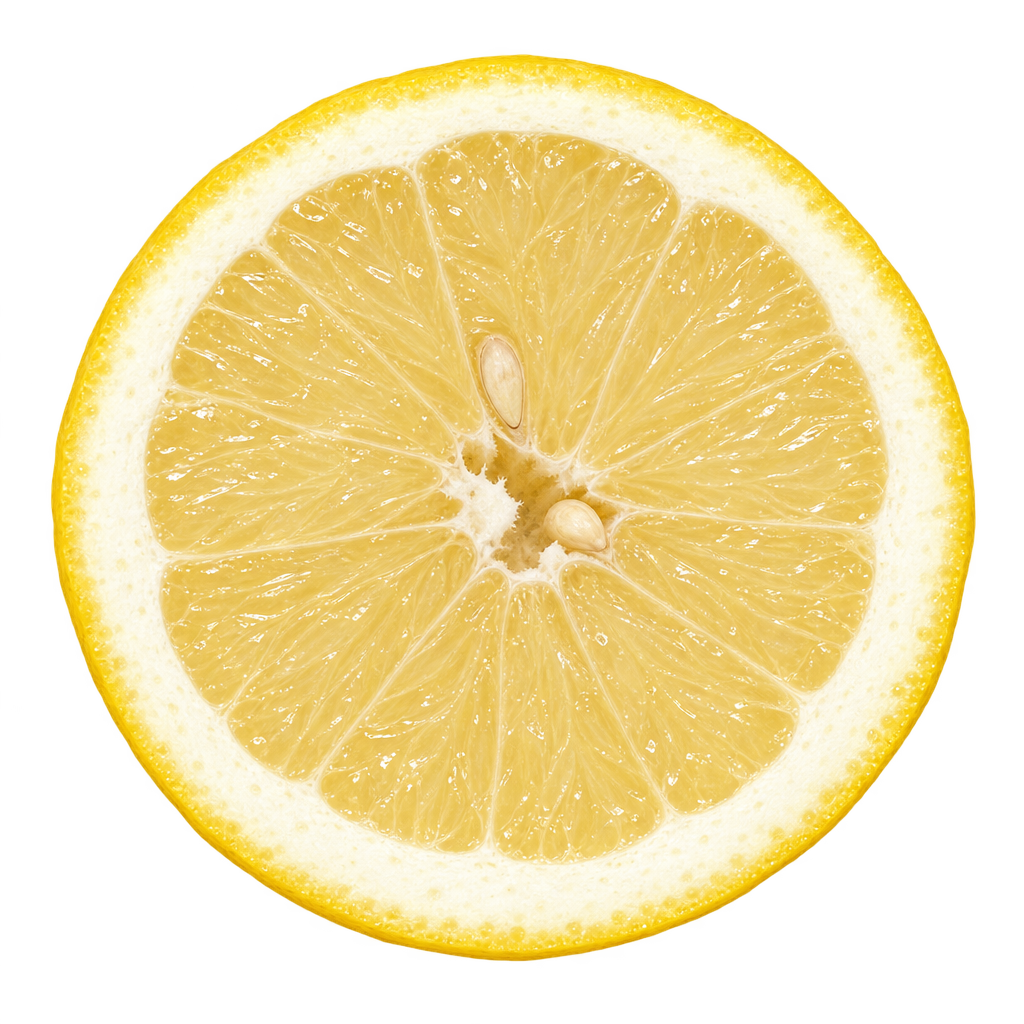 Generated depiction of a Gallego Lemon equatorial cut viewed head-on, with pale straw-yellow flesh, attached cream pith and illustrative ivory seeds