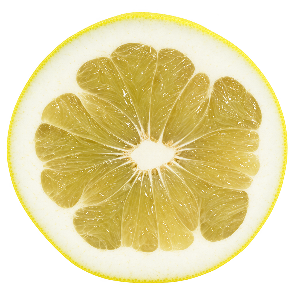 Generated depiction of a Tahitian Pummelo equatorial cross section with greenish amber flesh and pale pith