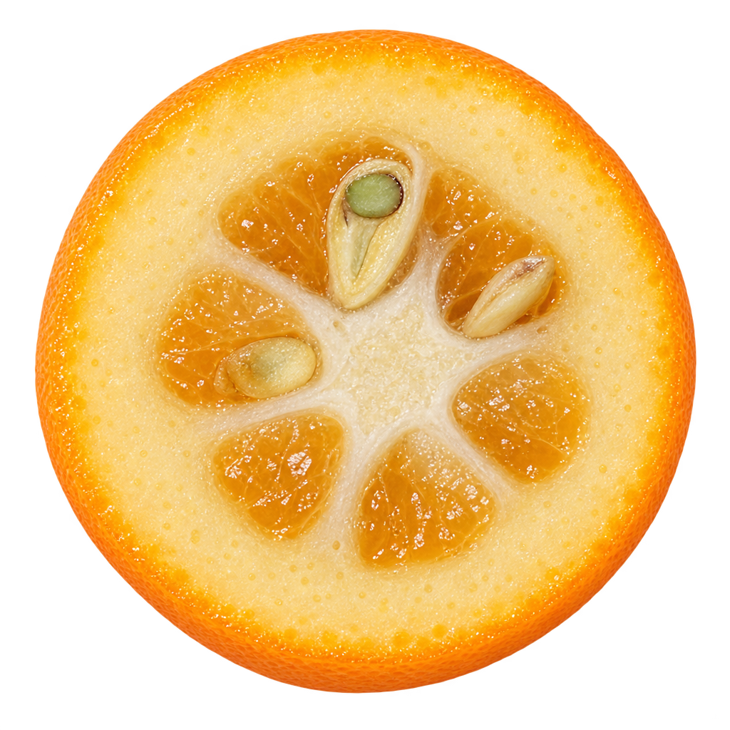 Generated Marumi kumquat cross section with small amber pulp segments, broad pale rind and central pith, and prominent ivory seeds