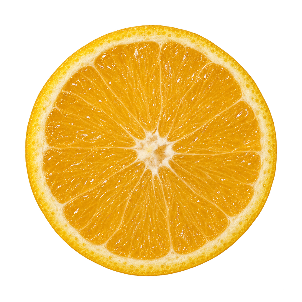 Generated approximation of a Coachella Eremolemon cross section from the user-selected reference, with golden flesh, thin cream pith and a small irregular center