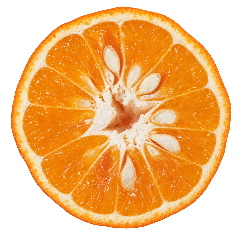 Generated depiction of an Osceola Mandarin equatorial cross section with orange flesh, thin cream pith and ivory seeds near the central membranes